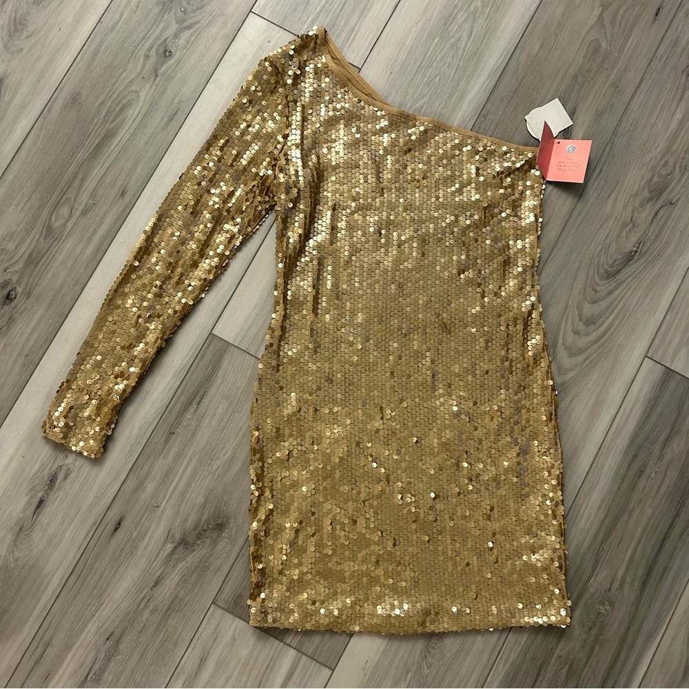 Baby Phat Gold Sequin One Shoulder Dress Mini Size M Stretch NWT